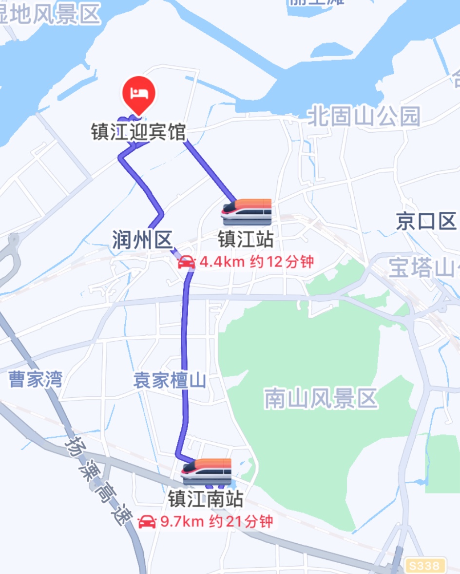 镇江站、镇江南站与镇江一泉迎宾馆相对位置示意图