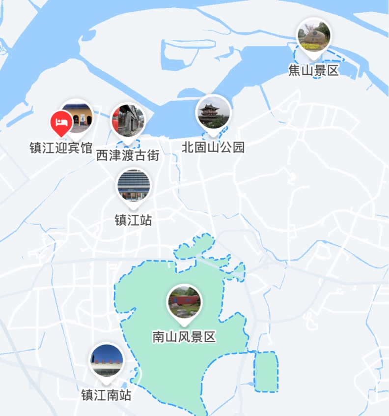 一泉迎宾馆与西津渡、北固山、焦山、南山的相对位置示意图